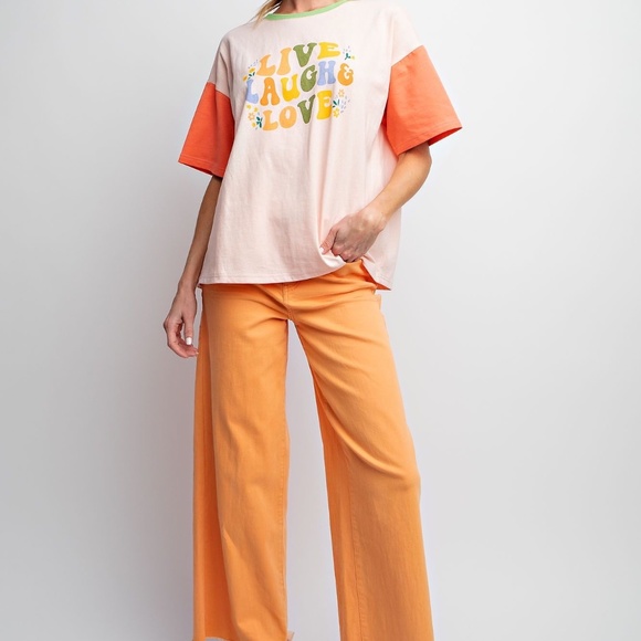 NEW EASEL LIVE LAUGH AND LOVE PRINT WASHED COTTON JERSEY TOP SHIRT SMALL PEACH - Picture 8 of 8